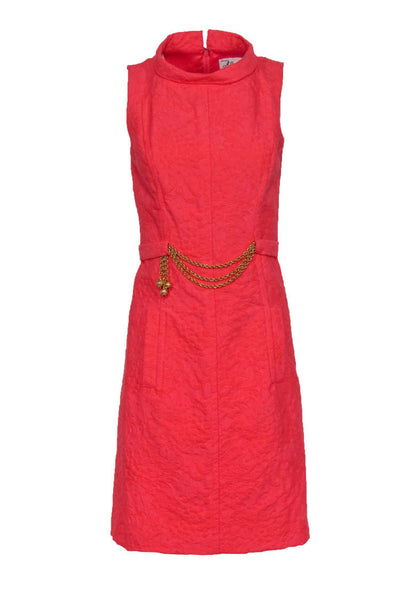 Current Boutique-Milly - Pink Sleeveless Floral Textured Sheath Dress w/ Gold Chain Belt Sz 2