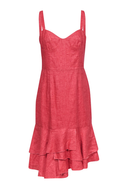 Current Boutique-Milly - Red "Kendall" Linen Fitted Midi Dress w/ Detailed Bodice & Ruffle Hem Sz 8