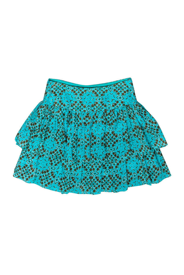 Current Boutique-Milly - Teal & Brown Geometric Printed Ruffle Skirt Sz 6