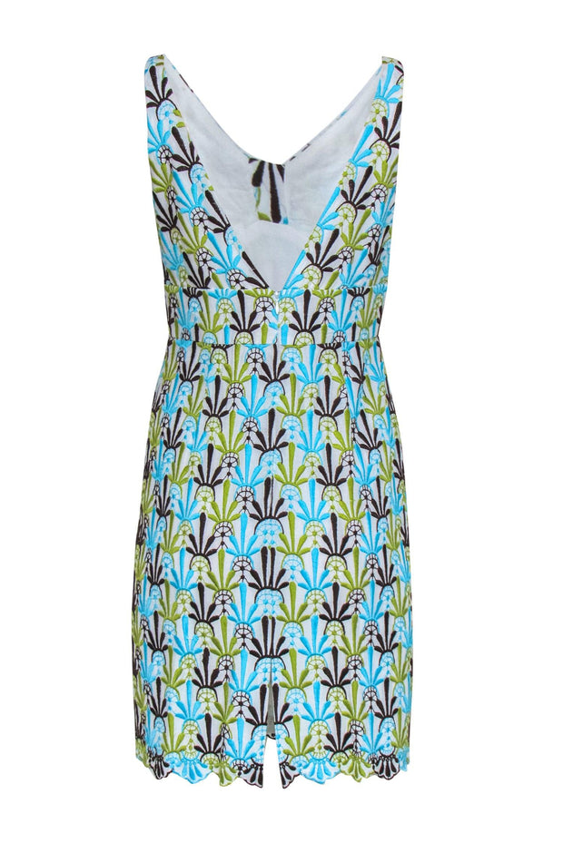 Current Boutique-Milly - White, Green, & Blue Embroidered Print Cotton Sheath Dress Sz 8