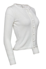 Current Boutique-Milly - White Knit Button-Up Cardigan w/ Ruffle & Embroidered Trim Sz P