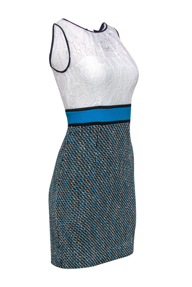 Current Boutique-Milly - White Lace & Blue Tweed Skirt Sheath Dress Sz 0