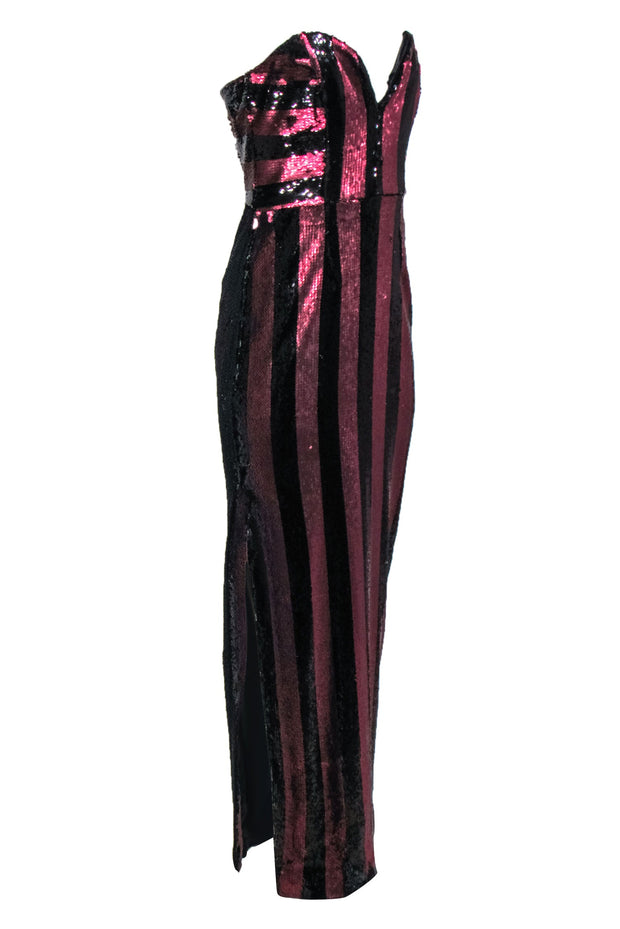 Current Boutique-Milly - Wine & Black Striped Sequin Strapless "Carly" Gown Sz 8