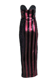 Current Boutique-Milly - Wine & Black Striped Sequin Strapless "Carly" Gown Sz 8