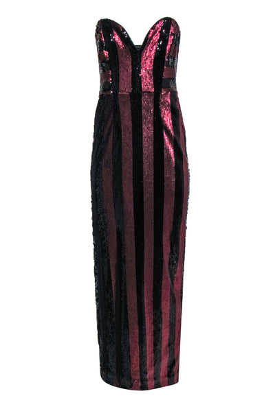 Current Boutique-Milly - Wine & Black Striped Sequin Strapless "Carly" Gown Sz 8