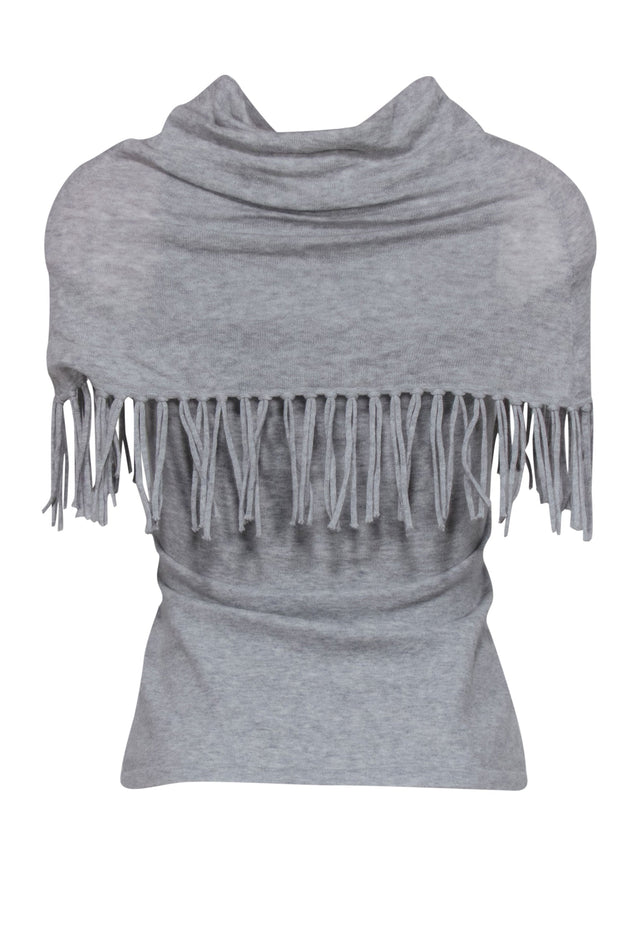 Current Boutique-Minnie Rose - Light Grey Cowl Neck Knit Shirt w/ Fringe Trim Sz XS