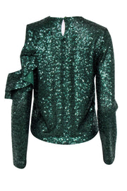 Current Boutique-Miss Anouki - Green Sequin Blouse w/ Open Shoulder & Ruffle Sz S/M