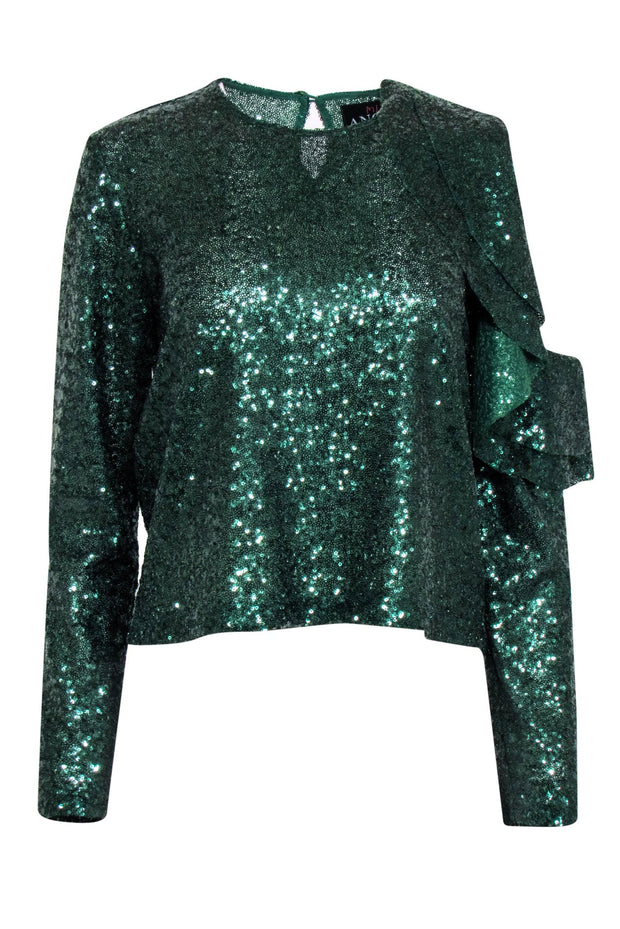 Current Boutique-Miss Anouki - Green Sequin Blouse w/ Open Shoulder & Ruffle Sz S/M