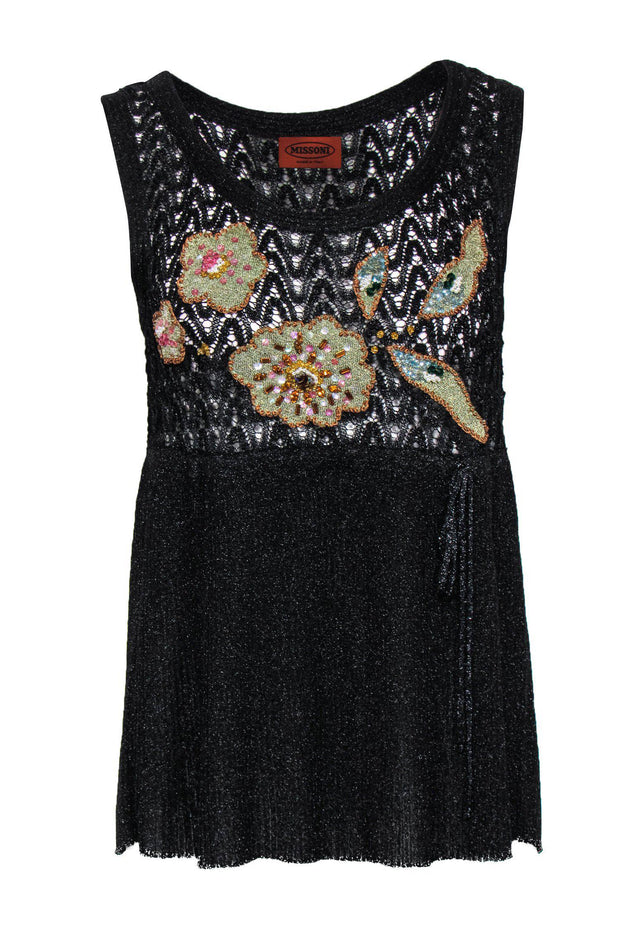 Current Boutique-Missoni - Black Metallic Knit Floral Tank w/ Sequins Sz S