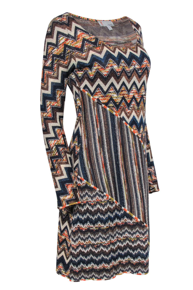 Current Boutique-Missoni - Orange, Navy & Cream Metallic Chevron Knit Dress Sz 10