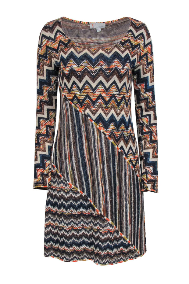 Current Boutique-Missoni - Orange, Navy & Cream Metallic Chevron Knit Dress Sz 10