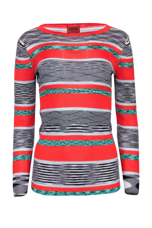 Current Boutique-Missoni - Red, Black, & White Knit Sweater w/ Classic Striped Design Sz M