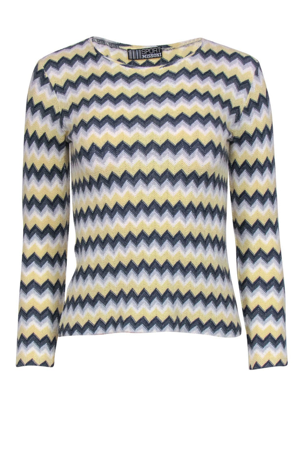 Current Boutique-Missoni Sport - Light Yellow, Grey & White Chevron Wool Blend Sweater Sz 10