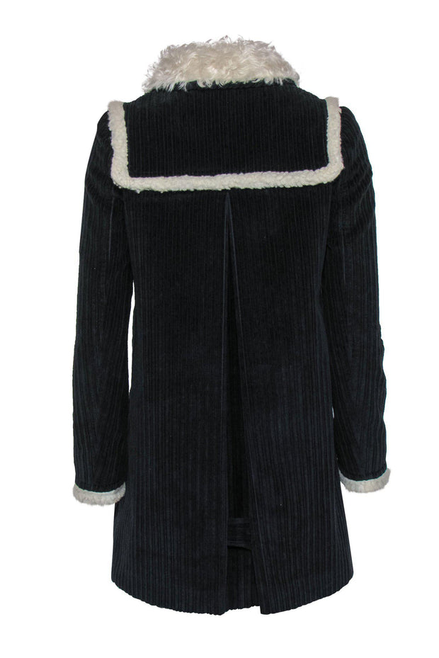 Current Boutique-Miu Miu - Navy Ribbed Double Breasted Coat w/ Faux Sherpa Trim Sz 4