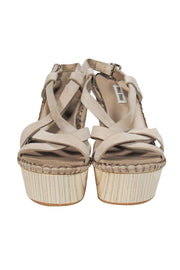 Current Boutique-Miu Miu - Taupe Grey Wood Wedge Sandals Sz 8