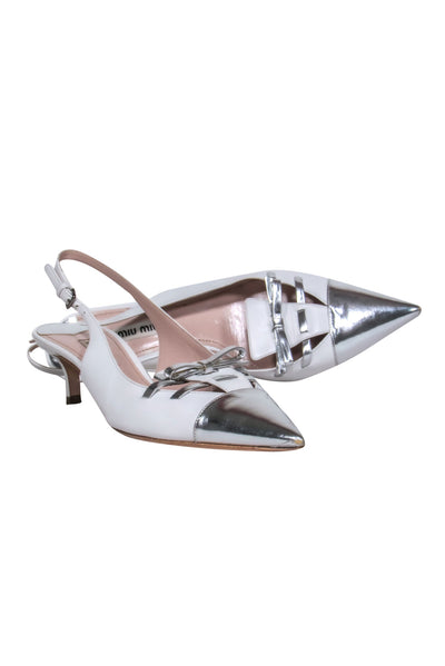 Current Boutique-Miu Miu - White & Silver Pointed Toe Slingback Kitten Heels w/ Bows Sz 8.5