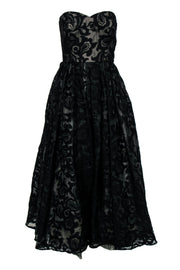 Current Boutique-Monique Lhuillier - Black Floral Lace Strapless Gown Sz 12