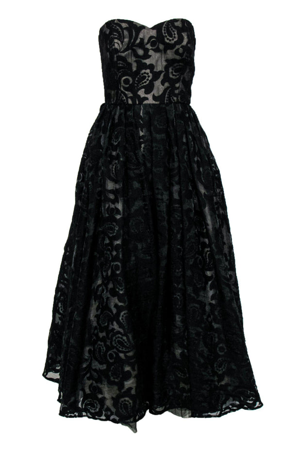 Current Boutique-Monique Lhuillier - Black Floral Lace Strapless Gown Sz 12