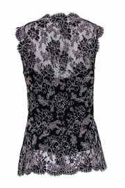 Current Boutique-Monique Lhuillier - Black & Light Pink Floral Lace Sleeveless Blouse Sz L