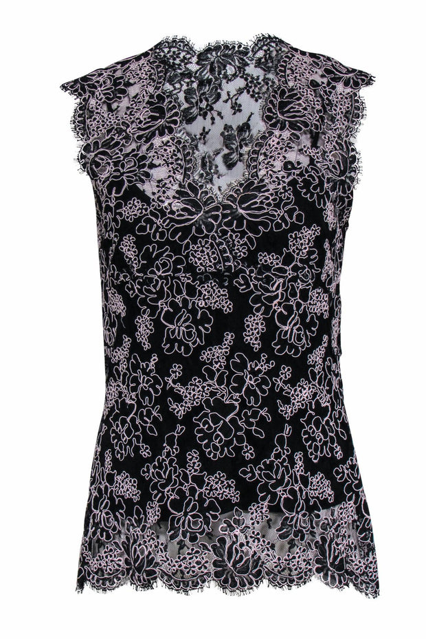 Current Boutique-Monique Lhuillier - Black & Light Pink Floral Lace Sleeveless Blouse Sz L