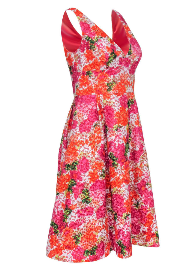 Current Boutique-Monique Lhuillier - Orange, Green & Pink Floral Textured A-Line Dress Sz 8