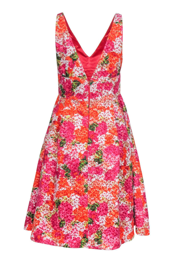 Current Boutique-Monique Lhuillier - Orange, Green & Pink Floral Textured A-Line Dress Sz 8