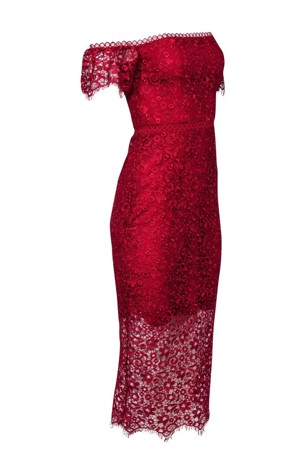 Current Boutique-Monique Lhuillier - Red Lace Off-The-Shoulder Midi Dress w/ Lace Sleeves Sz XS