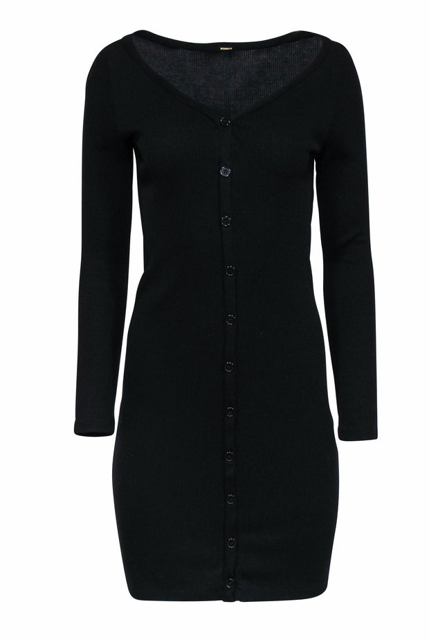 Current Boutique-Monrow - Black Long Sleeve Button-Up Ribbed Knit Midi Dress Sz M