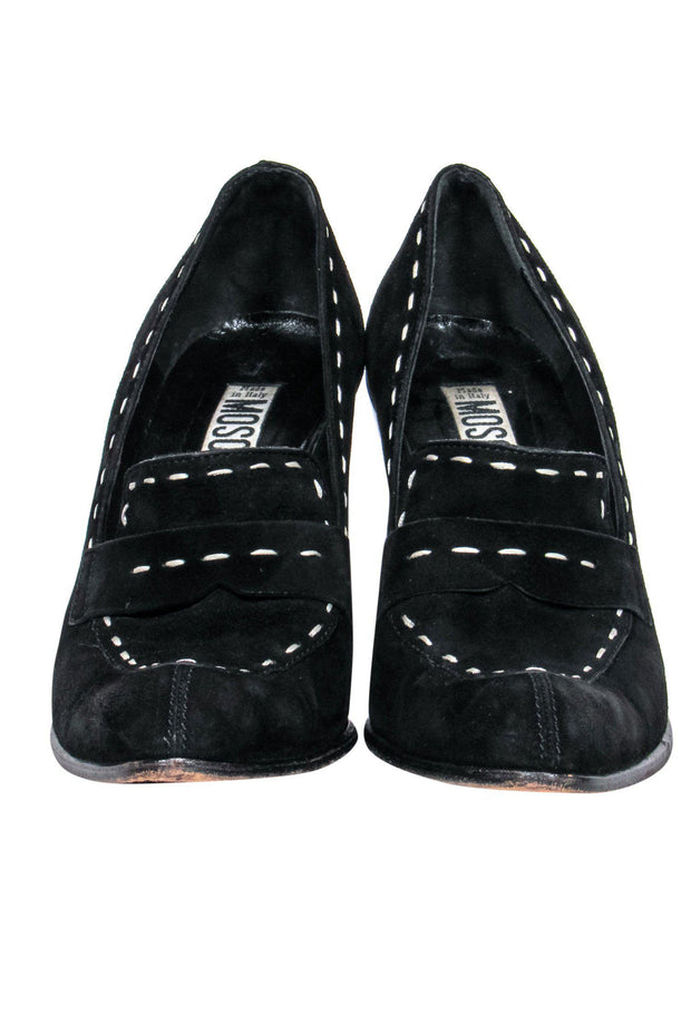 Current Boutique-Moschino - Black Suede Loafer-Style Heels w/ White Stitching Sz 8