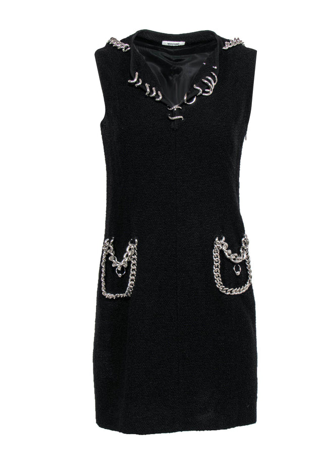 Current Boutique-Moschino - Black Tweed Sleeveless Sheath Dress w/ Chain Trim Sz 8