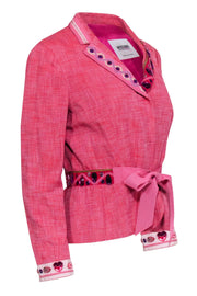 Current Boutique-Moschino Cheap & Chic - Pink Tweed Button-Up Blazer w/ Tie & Jeweled Trim Sz 12