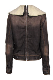 Current Boutique-Moschino Jeans - Brown Faux Sherpa Lined Denim Jacket w/ Jeweled Logo Embellishment Sz 14