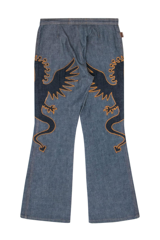 Current Boutique-Moschino Jeans - Medium Wash Flared Jeans w/ Embroidered Dragon Design Sz 6