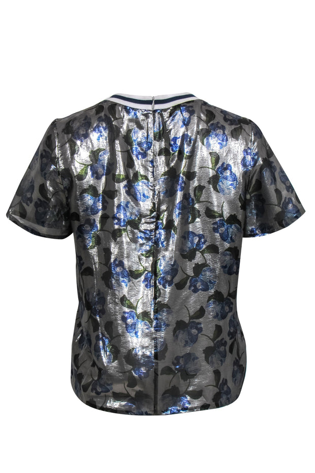 Current Boutique-Mother of Pearl - Metallic Silver & Blue Floral Silk Blouse Sz 4