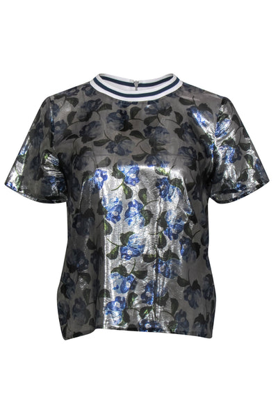 Current Boutique-Mother of Pearl - Metallic Silver & Blue Floral Silk Blouse Sz 4