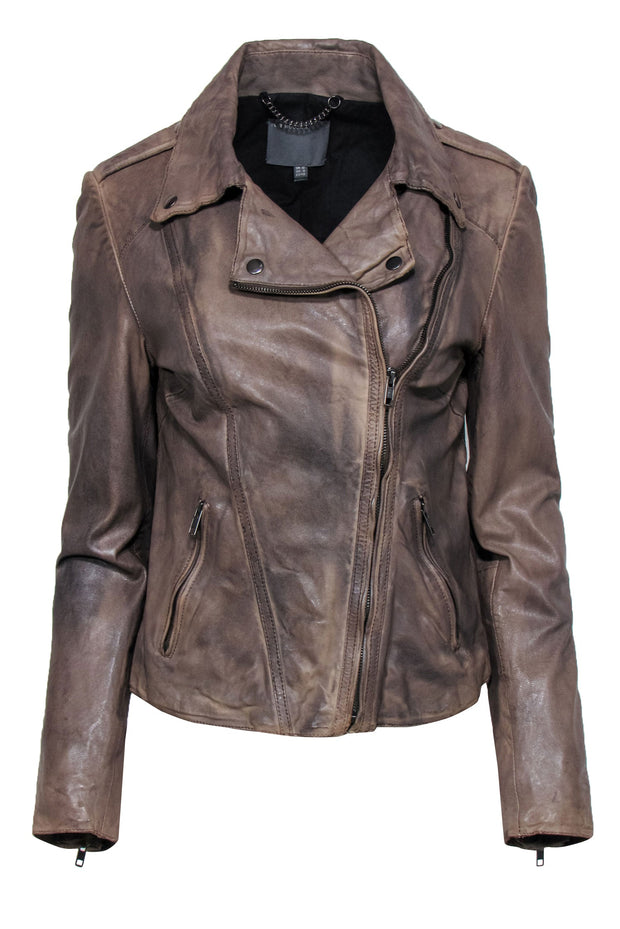 Current Boutique-Muubaa - Light Brown Distressed Zip-Up Leather Moto Jacket Sz 8