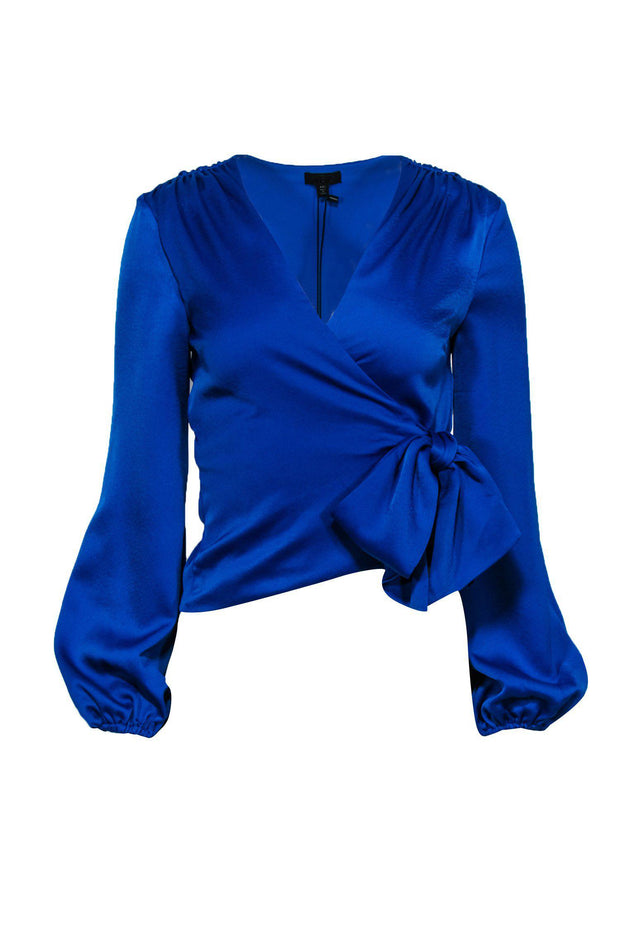 Current Boutique-NBD - Bright Blue Puffed Sleeve Satin Wrap Top Sz XXS