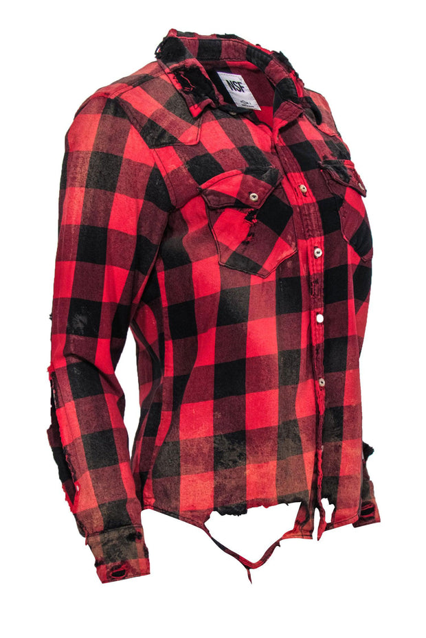 Current Boutique-NSF - Red Plaid Heavily Distressed Flannel Shirt Sz S