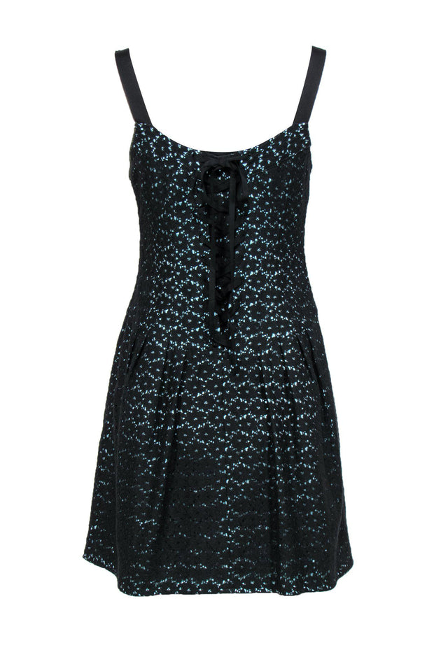 Current Boutique-Nanette Lepore - Black Floral Lace Sleeveless Drop Waist Dress w/ Turquoise Lining Sz 6