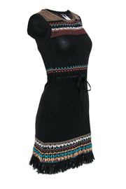 Current Boutique-Nanette Lepore - Black Knit Cotton Mini Dress w/ Fringe Hem Sz S