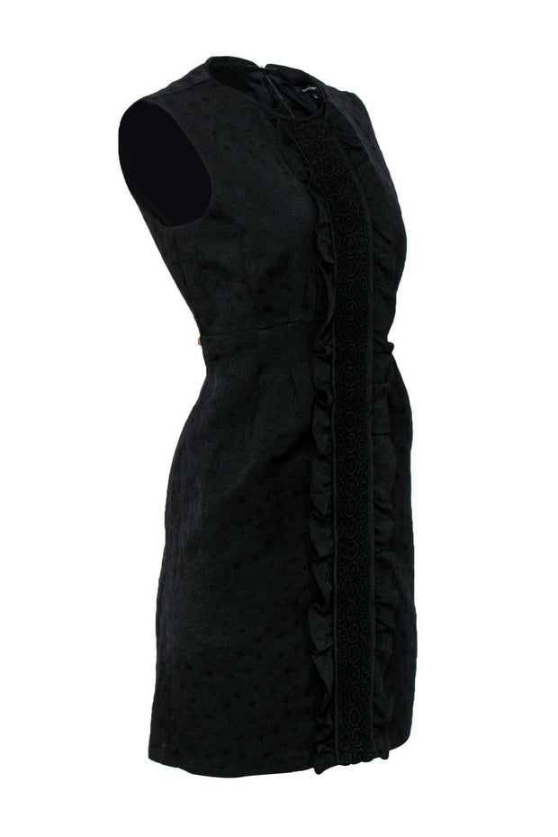 Current Boutique-Nanette Lepore - Black Polka Dot Embossed Sheath Dress w/ Ruffles & Embroidery Sz 12