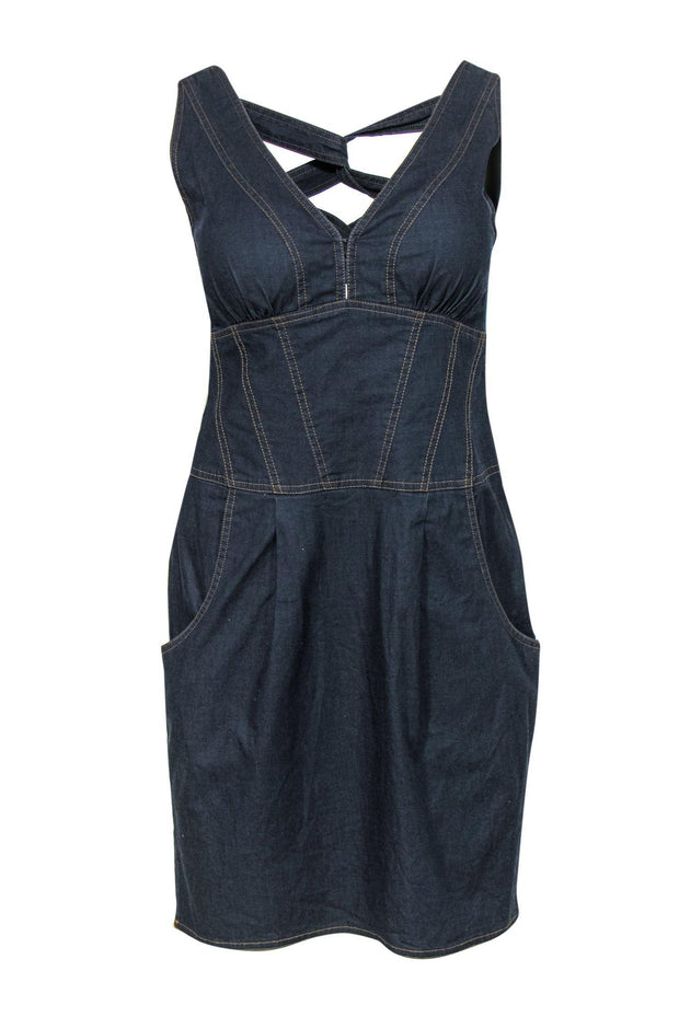 Current Boutique-Nanette Lepore - Dark Wash Denim Sleeveless Bodycon Dress w/ Crisscross Back Sz 6