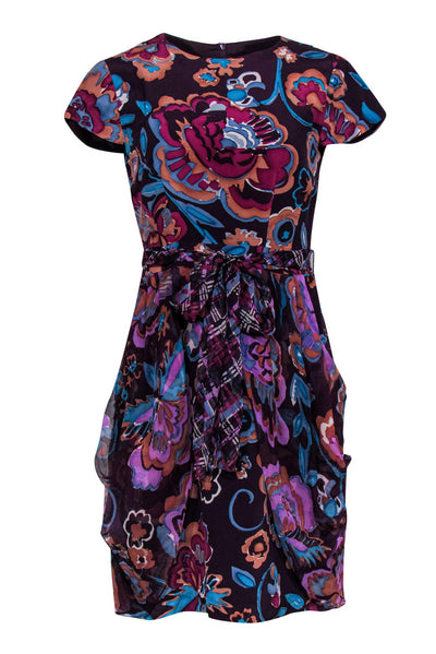 Current Boutique-Nanette Lepore - Purple Floral Print Cap Sleeve Fit & Flare Dress Sz 8