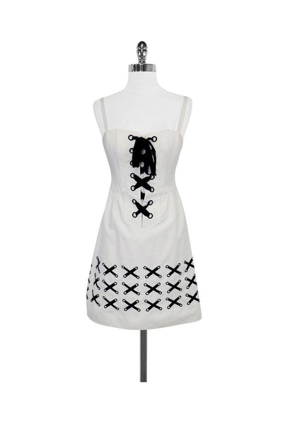 Current Boutique-Nanette Lepore - White & Navy Cotton Lace-Up Dress Sz 0