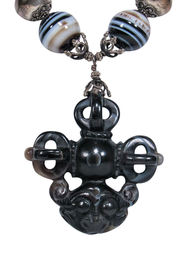 Current Boutique-Natalie Baroni - Black Bauble Gemstone Necklace w/ Monkey Pendant