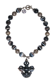 Current Boutique-Natalie Baroni - Black Bauble Gemstone Necklace w/ Monkey Pendant