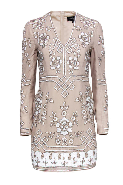 Current Boutique-Needle & Thread - Beige Long Sleeve Mini Dress w/ White Sequins & Beading Sz 6