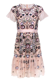 Current Boutique-Needle & Thread - Pale Pink Floral Beaded Sheath Dress w/ Flounce Hem Sz 4