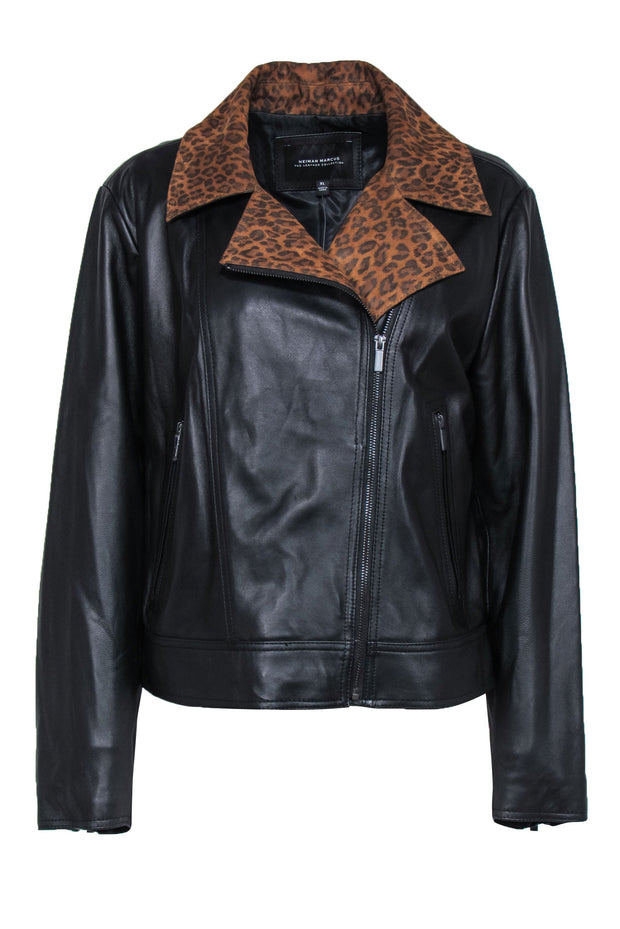 Current Boutique-Neiman Marcus - Black Leather Moto Jacket w/ Textured Leopard Accents Sz XL