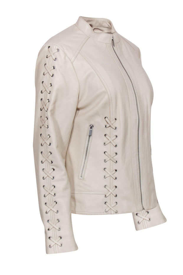 Current Boutique-Neiman Marcus - Cream Leather Zip-Up Jacket w/ Stitched Trim Sz L